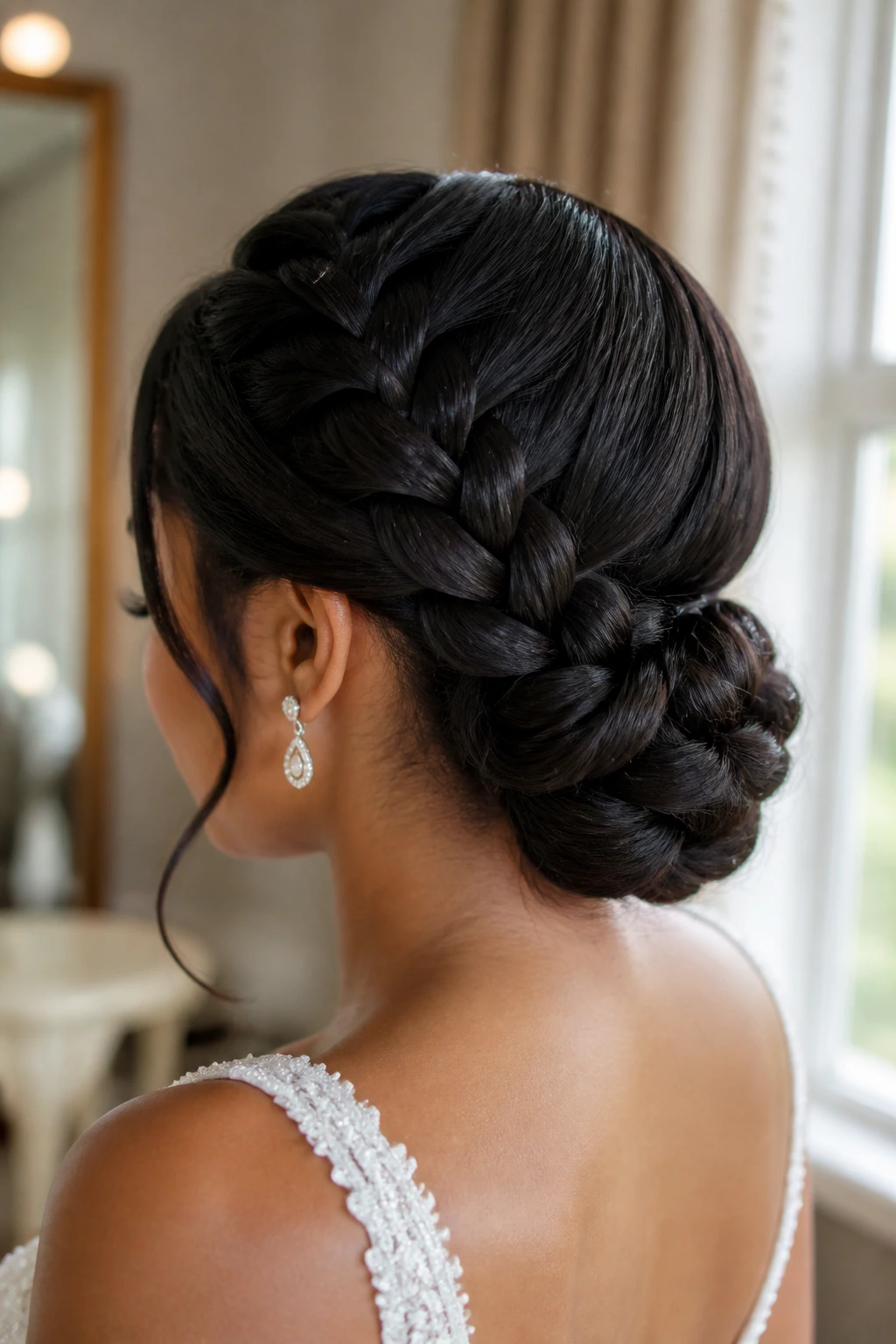 Bride with French braid turned into a twisted chignon