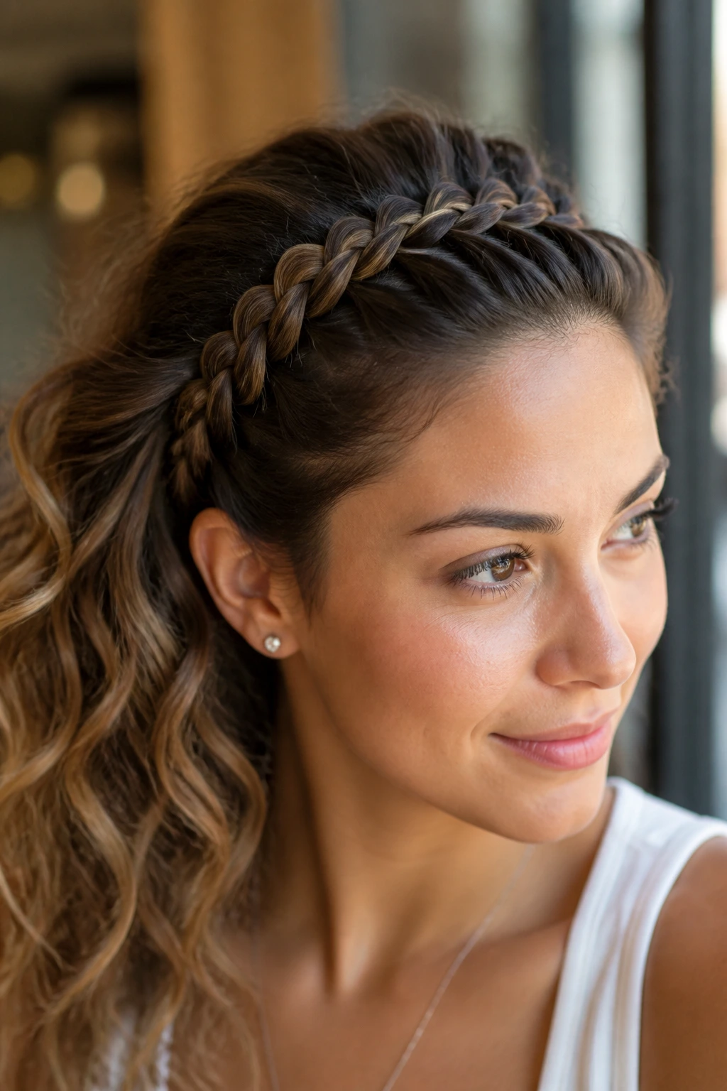 Real woman wearing French braided headband in cafe