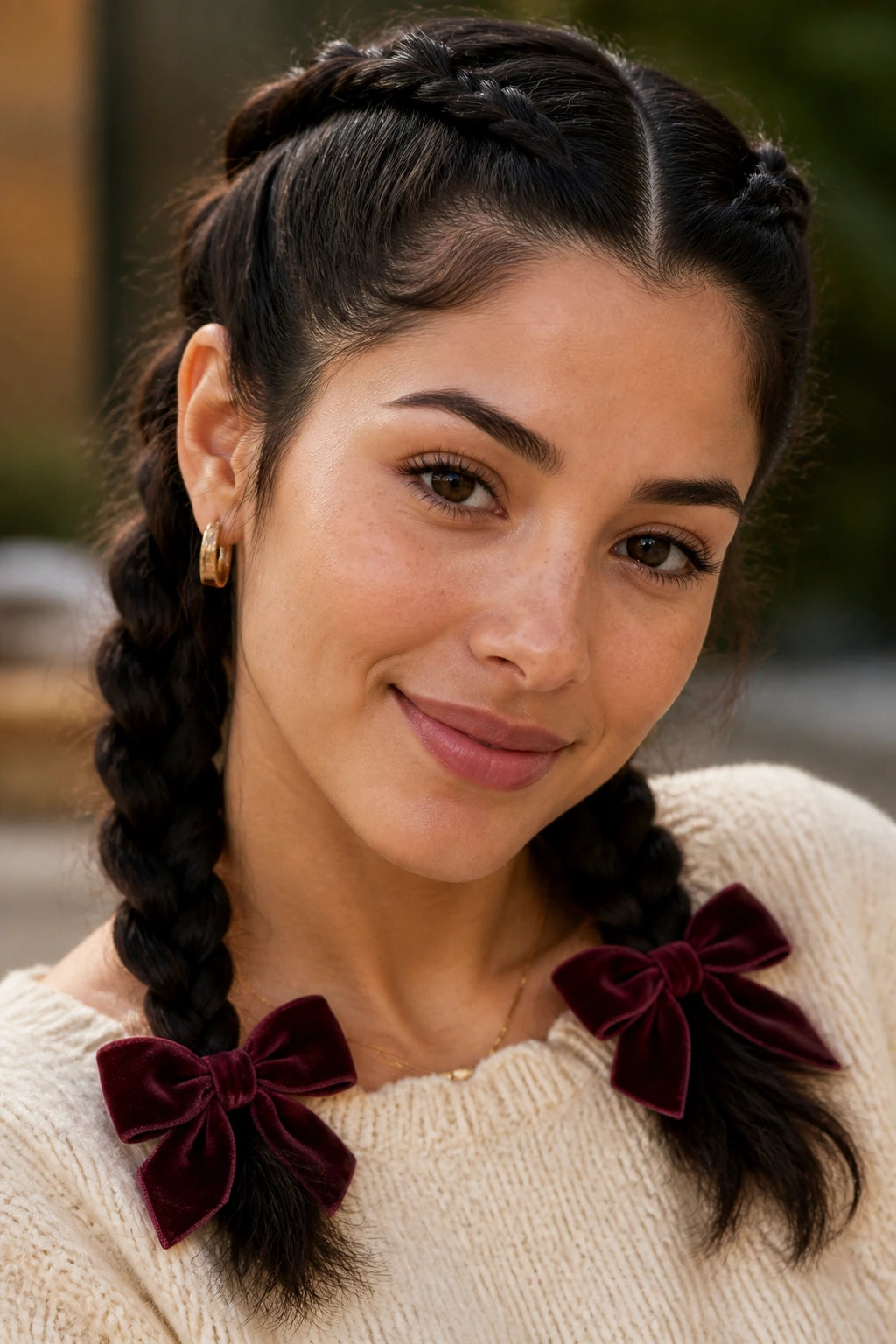 Close-up of a real woman with two braids ending in bows