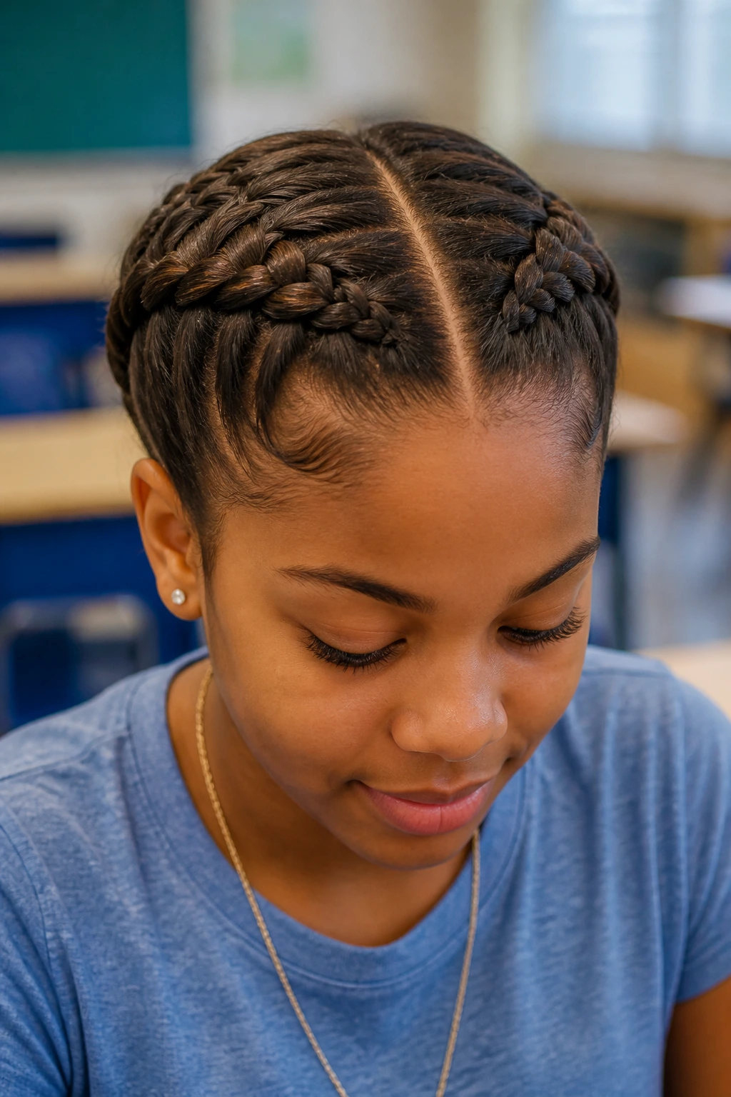 Close-up of a real person wearing two symmetrical French braids along the crown