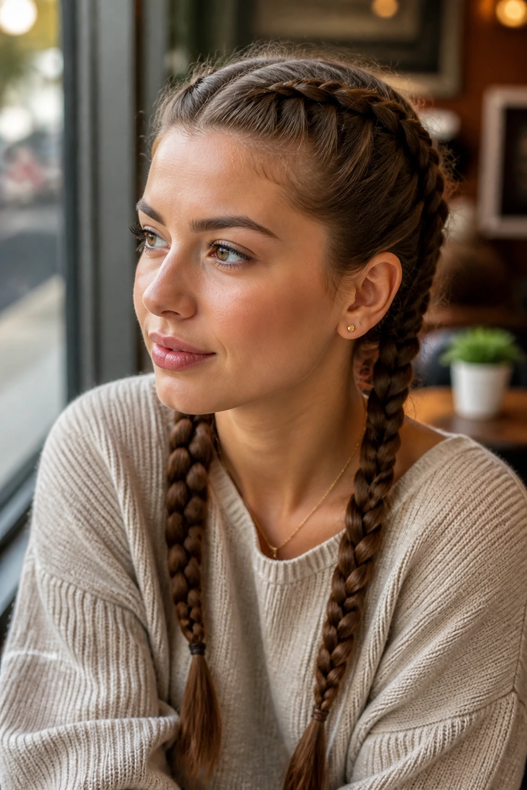 Close-up of a real woman with French braided pigtails at hairline