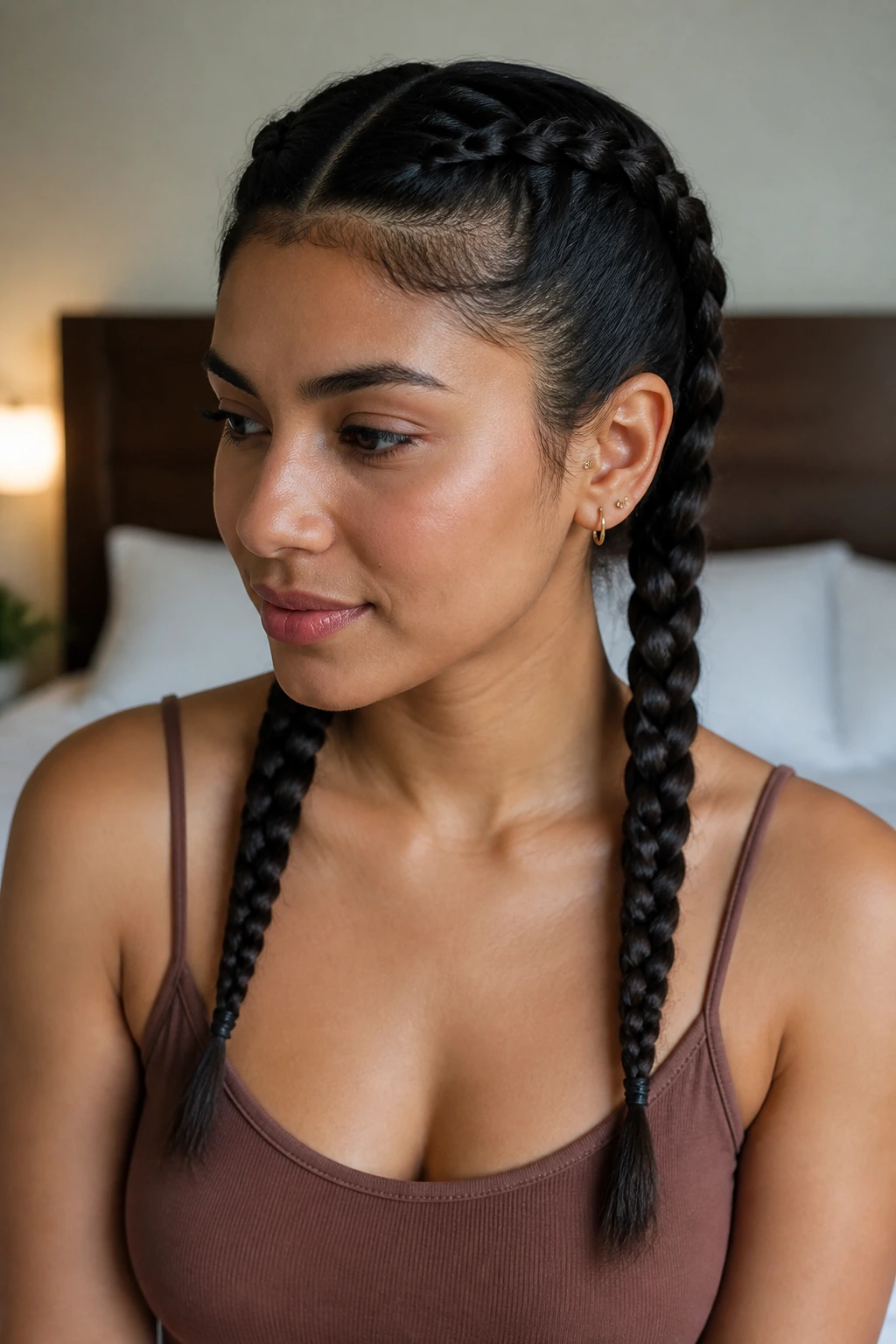 Close-up portrait of a real woman with two French braids from hairline to nape in natural window light.
