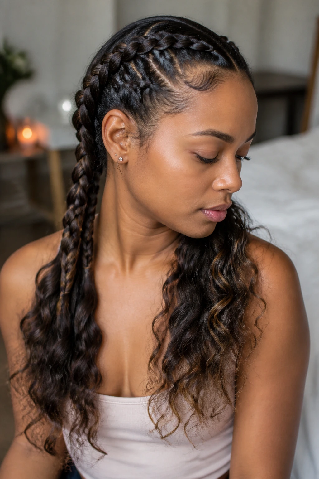 Close-up of a real woman with scalp-start braids forming waves when undone