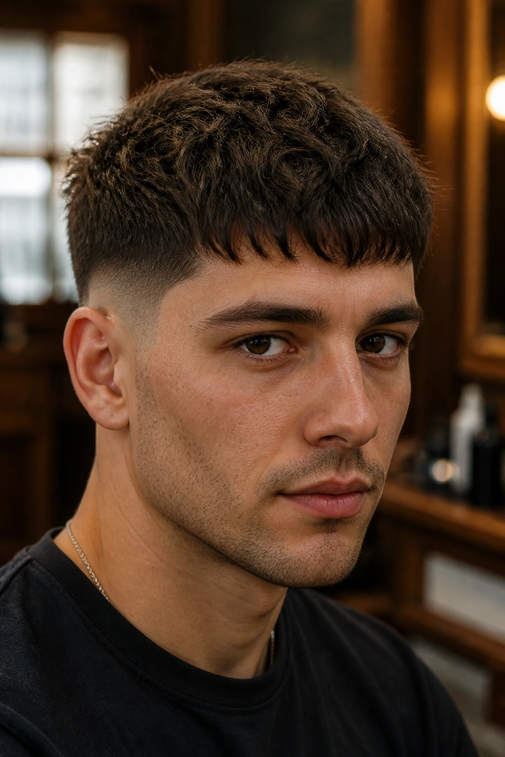Close-up of a real man with a classic French crop and forward fringe in a warm barbershop