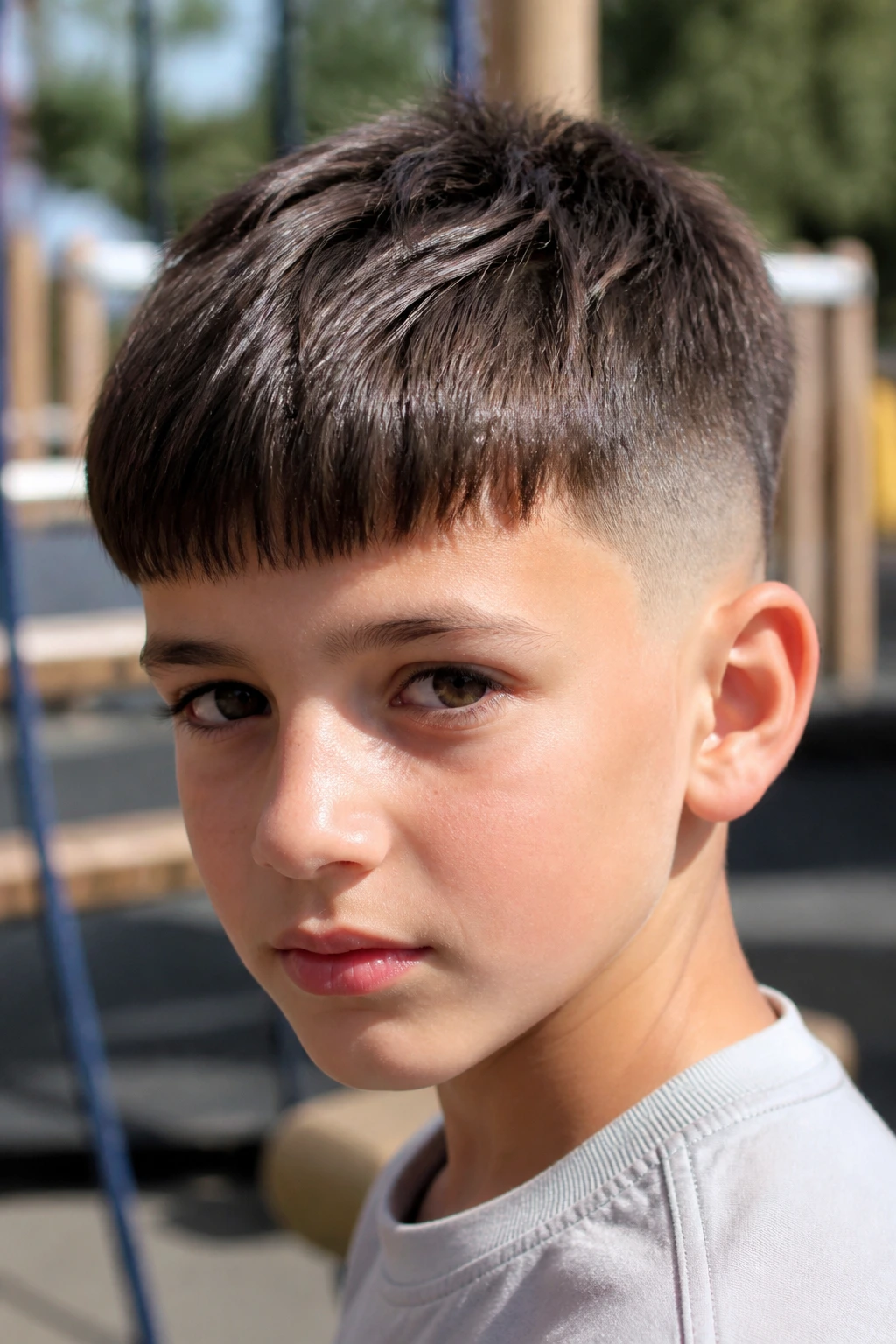 Close-up of a child with French crop hairstyle outdoors