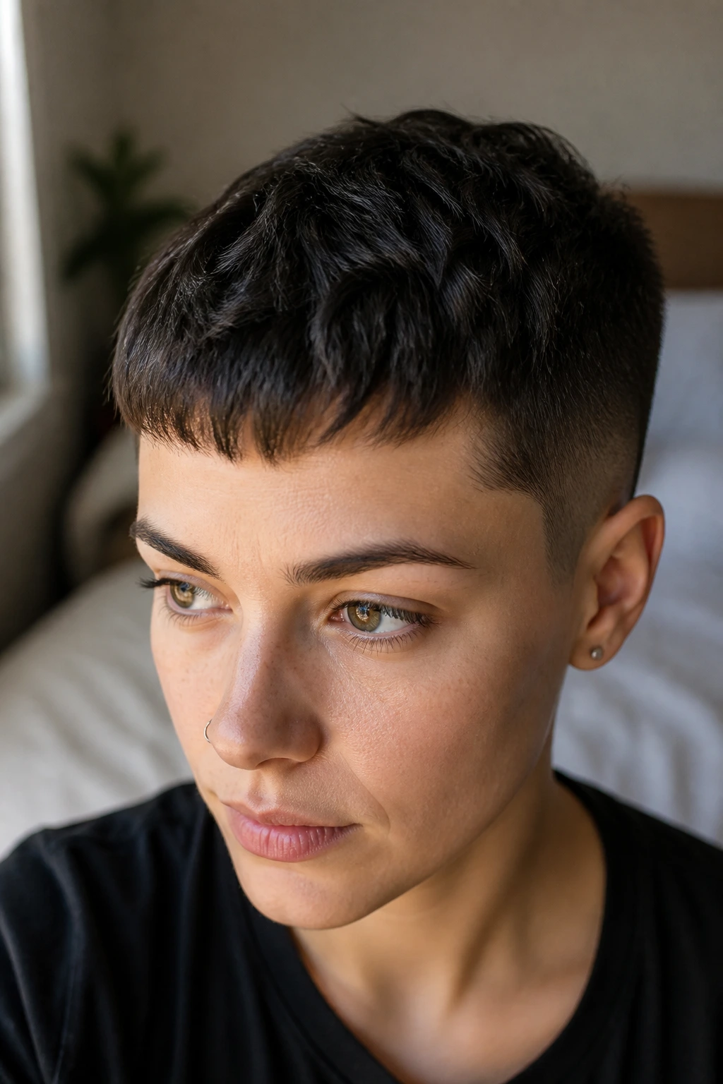 Portrait of a real person with a cropped French crop under window light