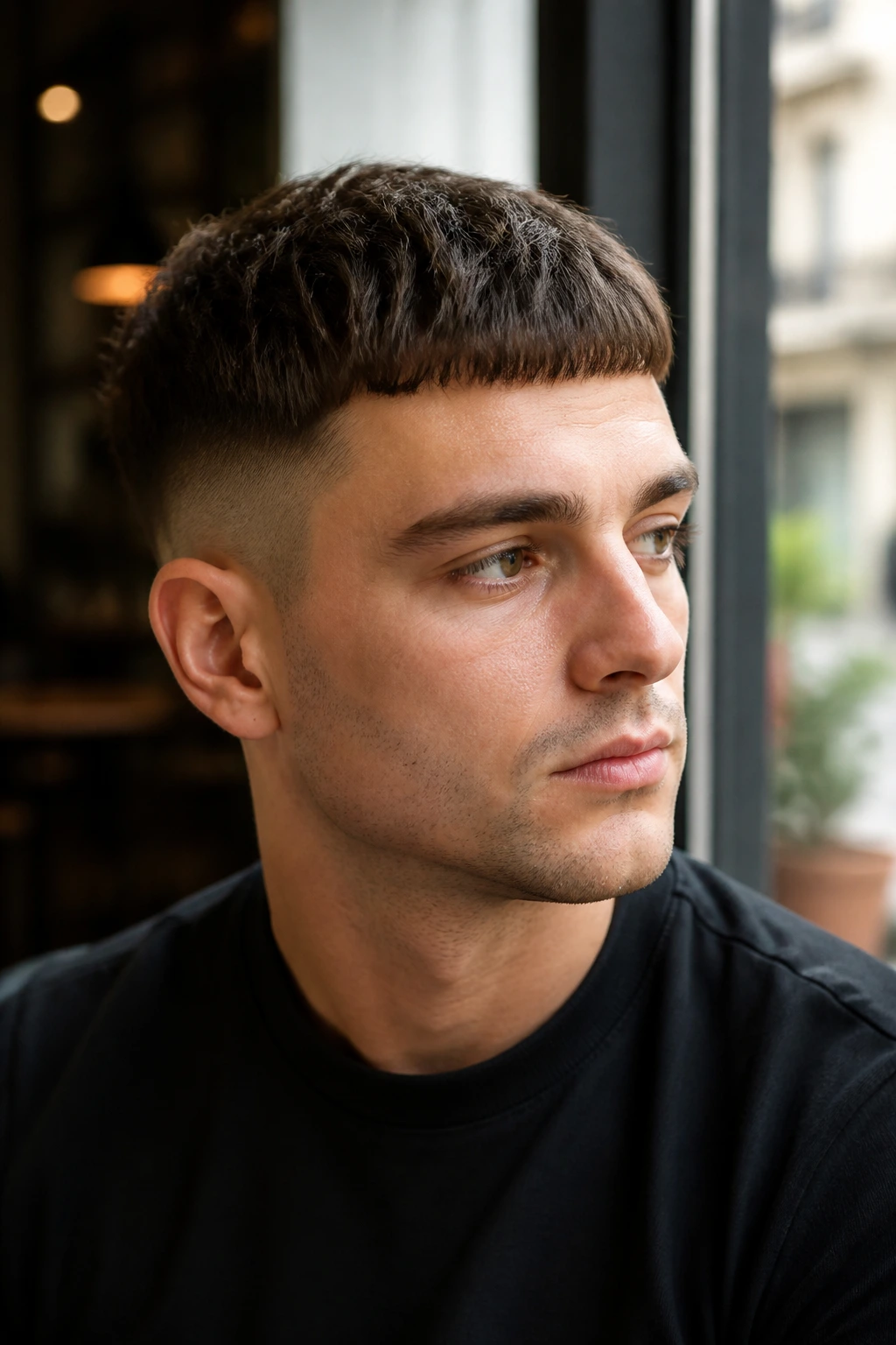 Portrait of a real person with French crop and low undercut.