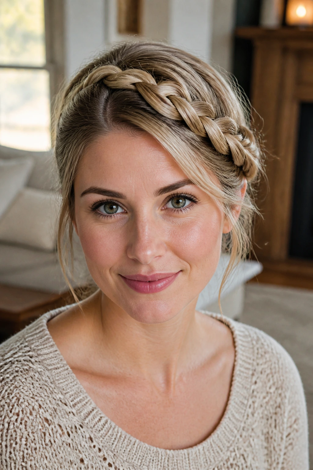 Front close-up of a real woman with a deep side-part French crown braid
