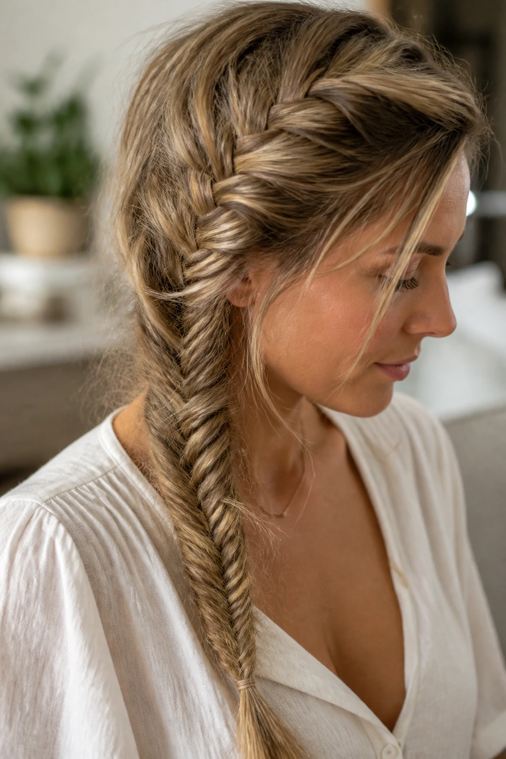 Hair braided in a loose French braid that transitions into a fishtail