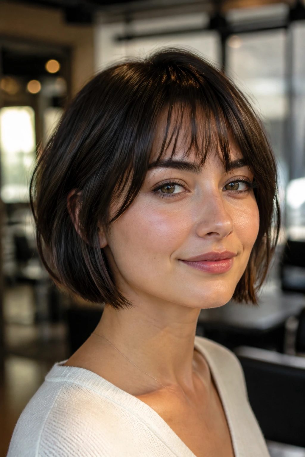 Portrait of a woman with mocha bob and piecey French fringe