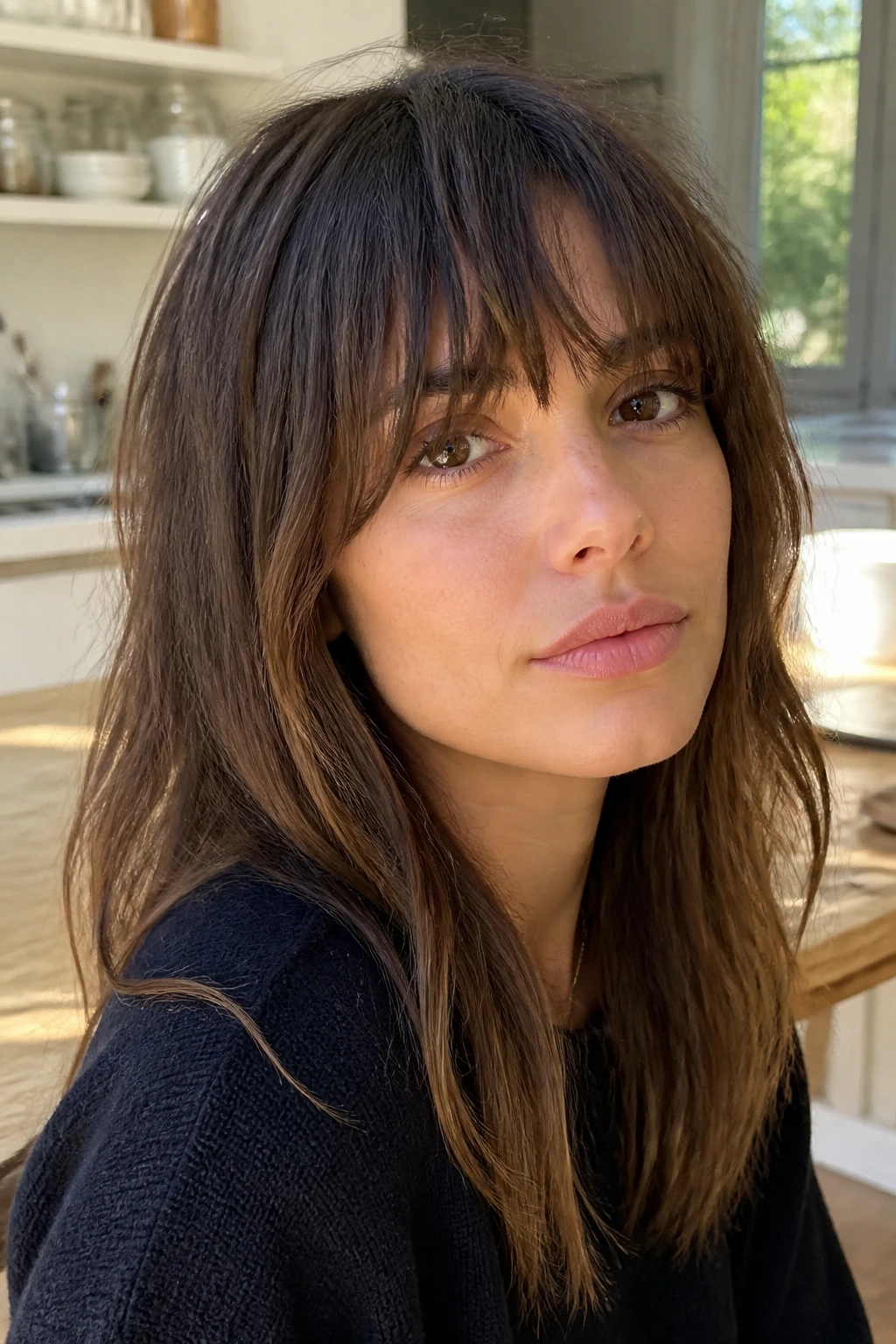 Close-up of a real woman with textured French girl bangs