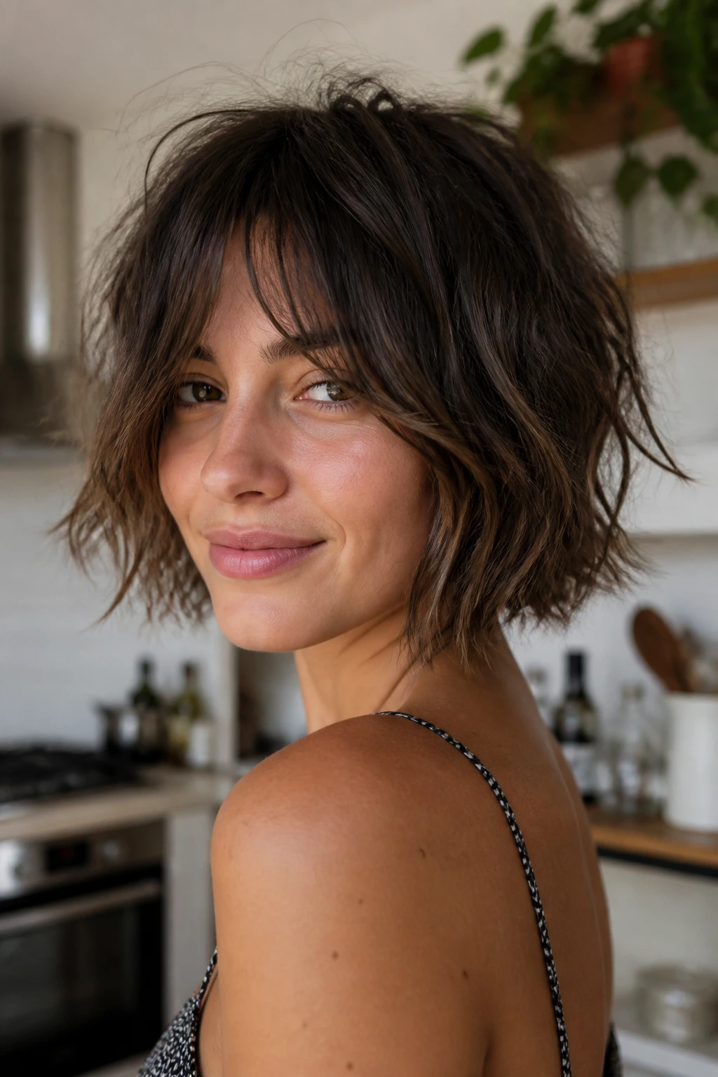 Portrait of a woman with messy French Girl bob in cozy kitchen