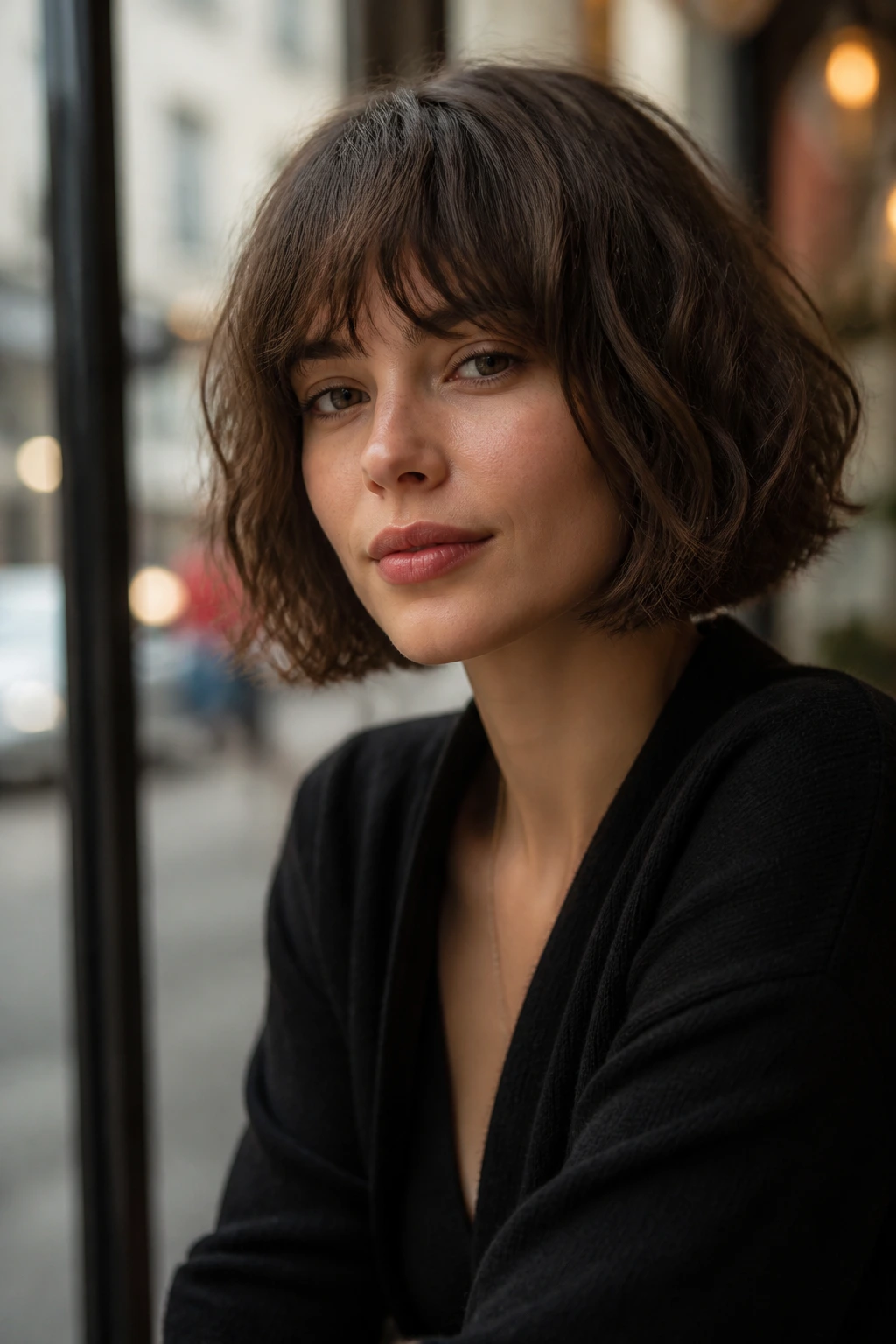 Close-up of a real woman with French-girl bob in cafe window light