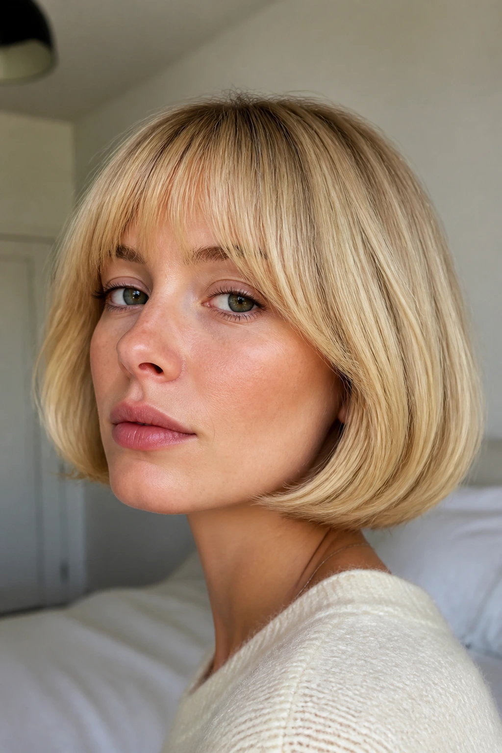 Close-up of a real woman's rounded French Girl bob in buttery blonde