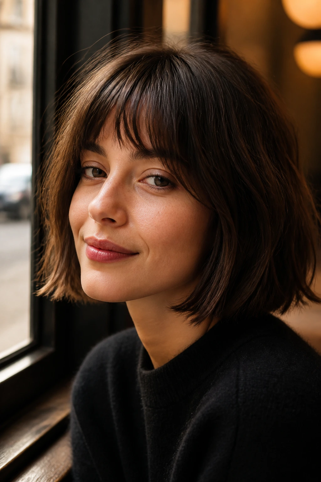 Close-up of a real woman with a chin-length bob and soft bangs.
