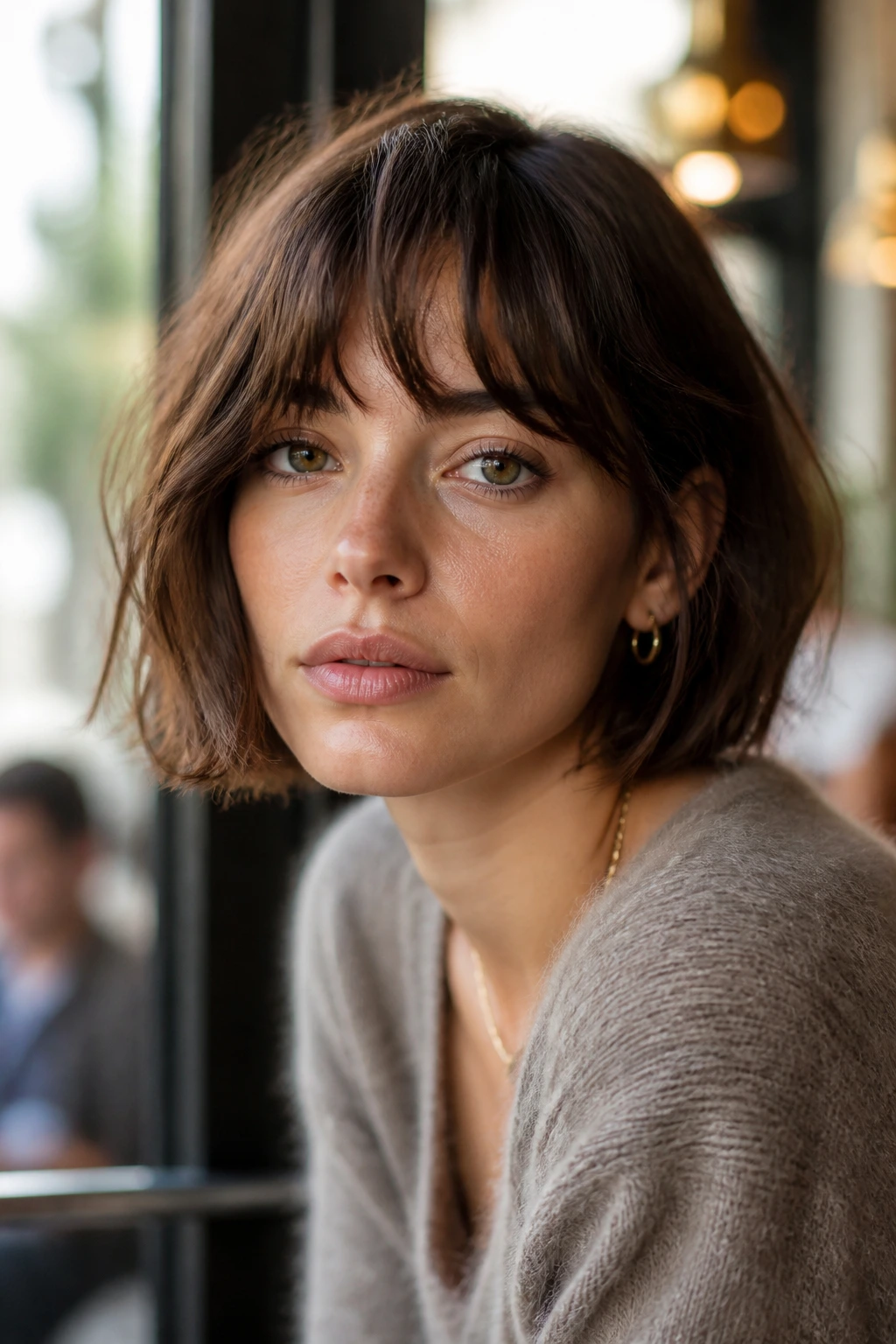 Close-up portrait of a real woman wearing a chin-length French-Girl Bob with wispy fringe.