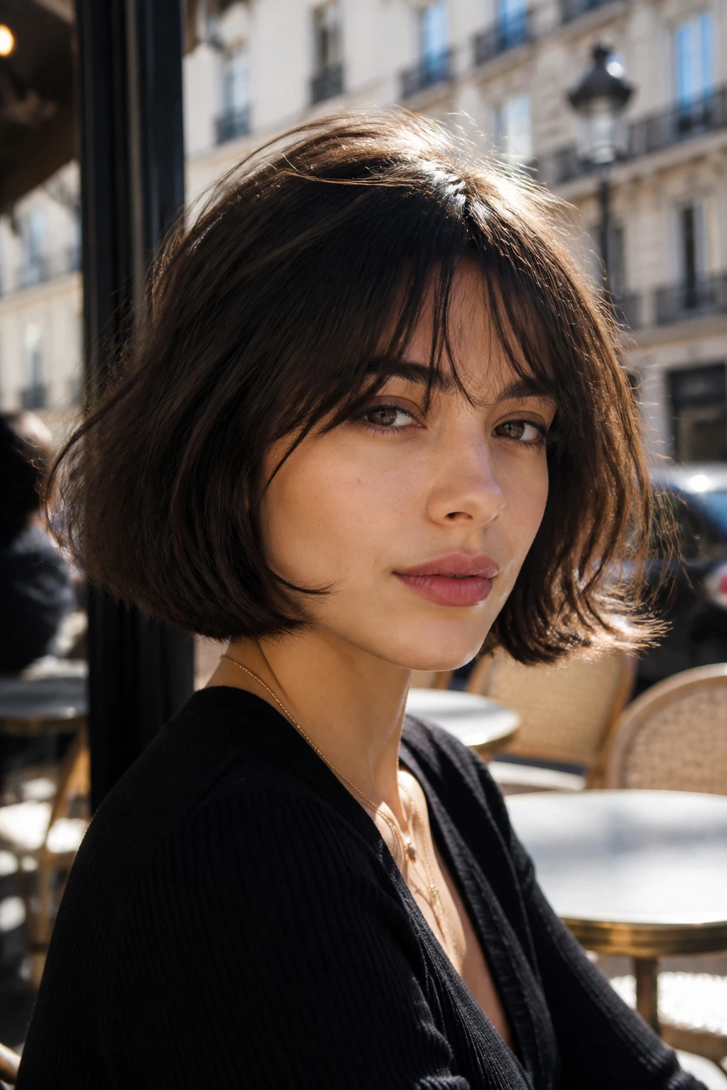 Close-up of a real woman with a French girl bob and soft bangs outdoors