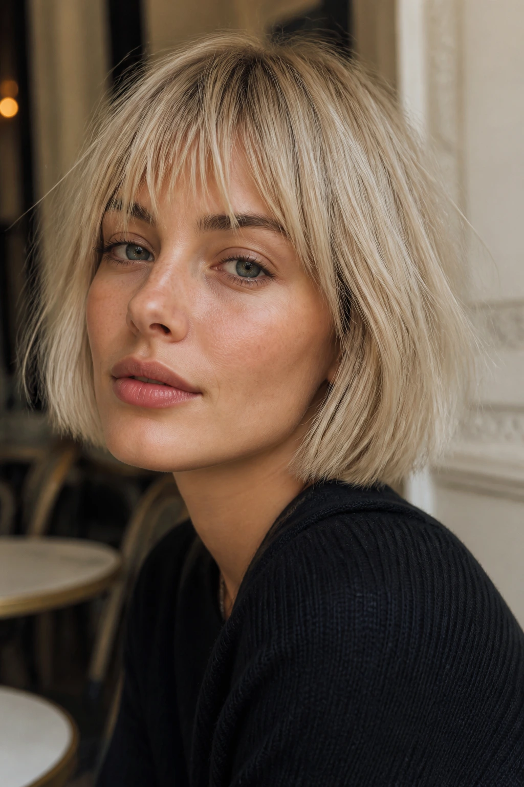 Close-up of a real woman with a French girl bob in cool blonde