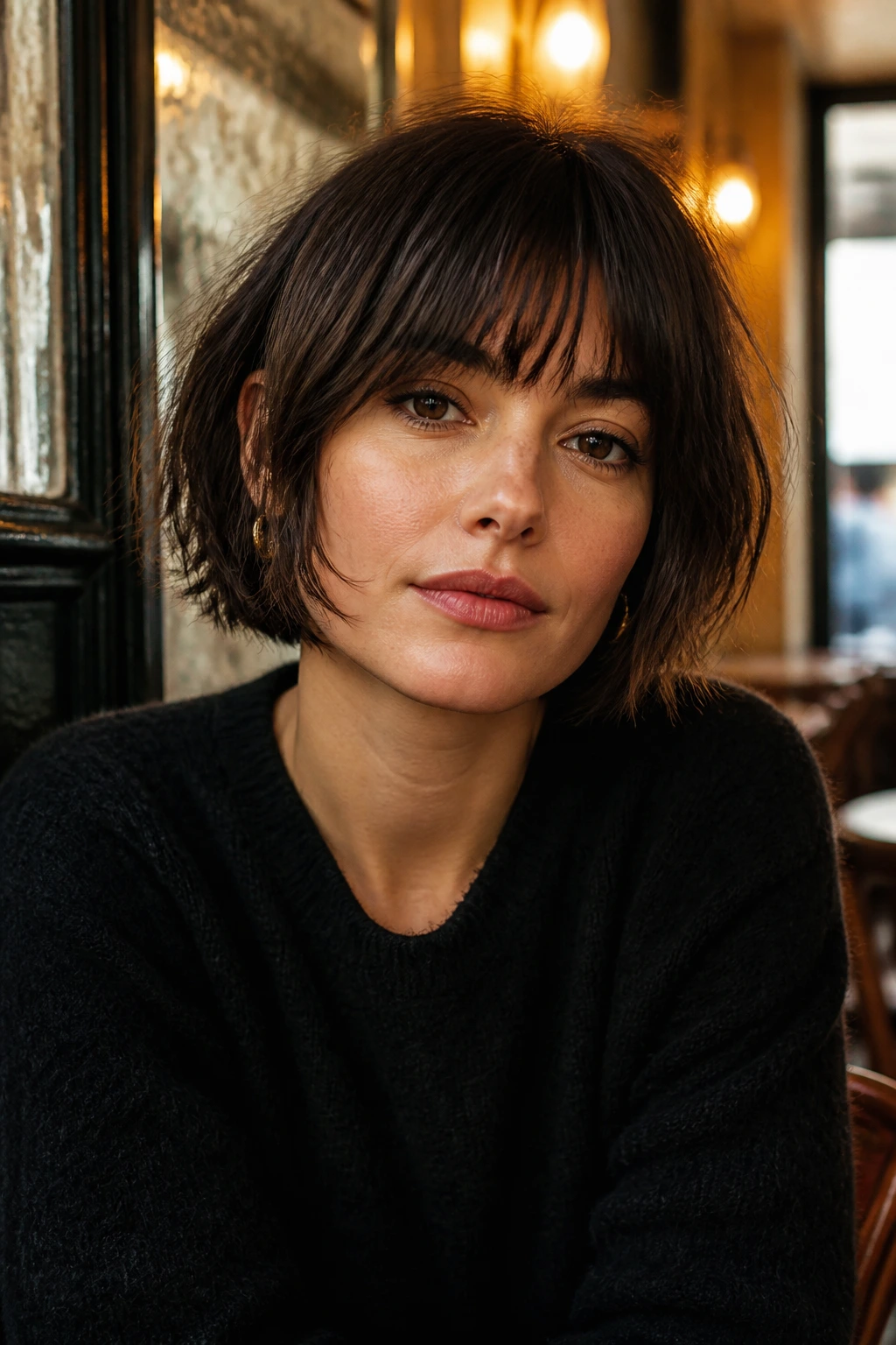 Close-up of a real woman with a French-girl bob and fringe