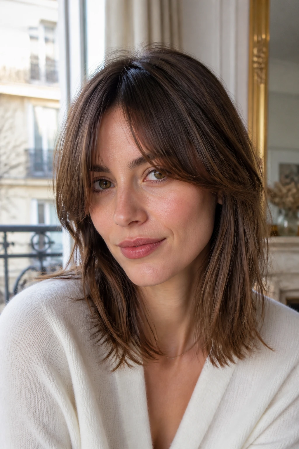 Blended French Girl Fringe on a real woman, brow-grazing fringe blending into textured layers
