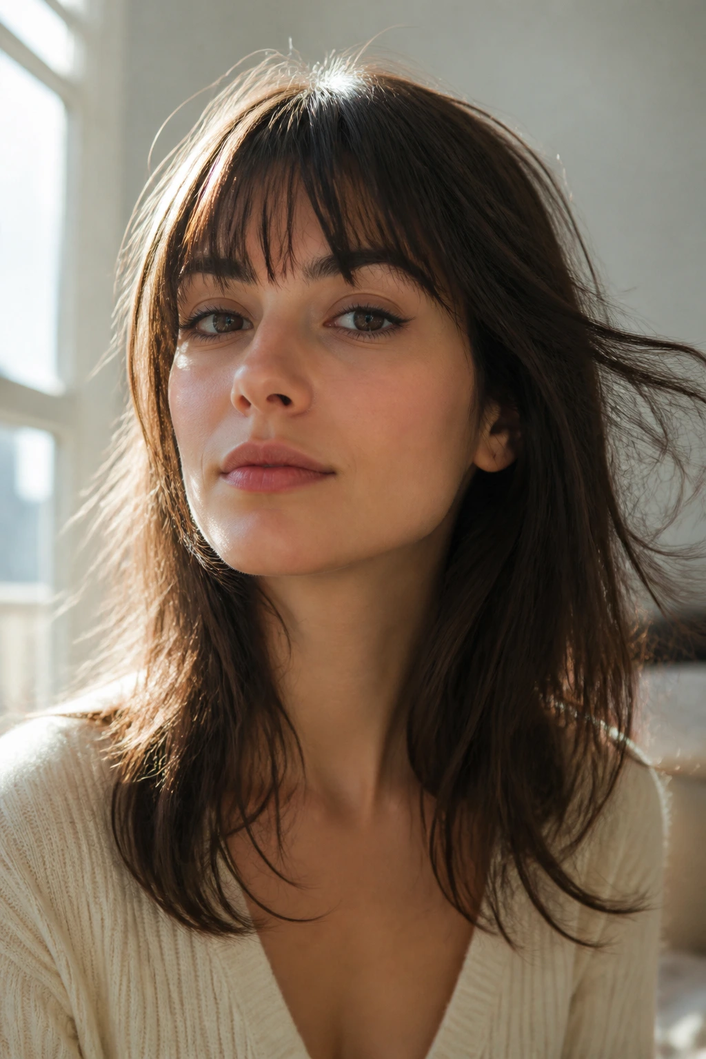 Close-up portrait of a real woman with airy French-girl fringe in natural light