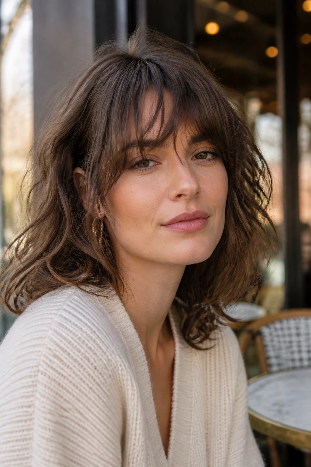 Close-up of a woman with French girl fringe and soft undone curls in a sunlit cafe.