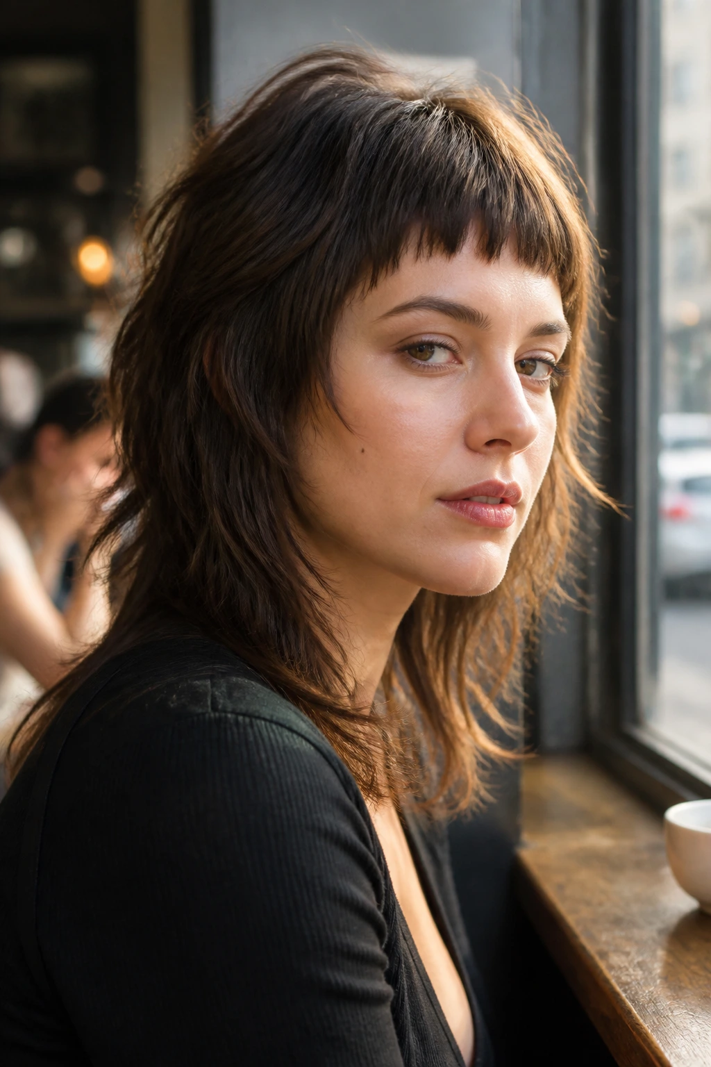Real person with micro bangs and shaggy layers in a sunlit cafe setting