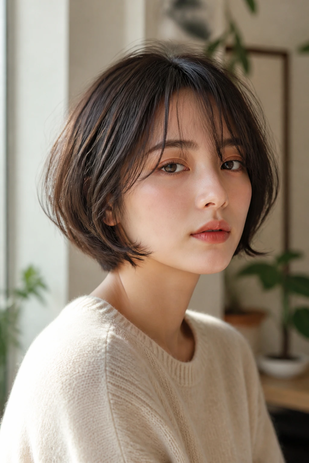 Close-up of a real person with The French-Japanese Rounded Bob