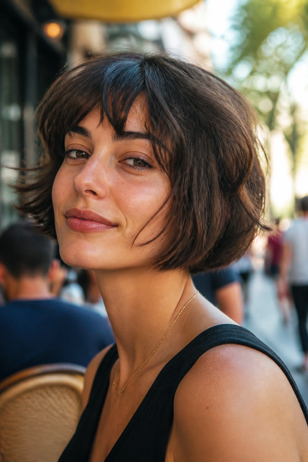 Close-up of a woman with French girl messy bob