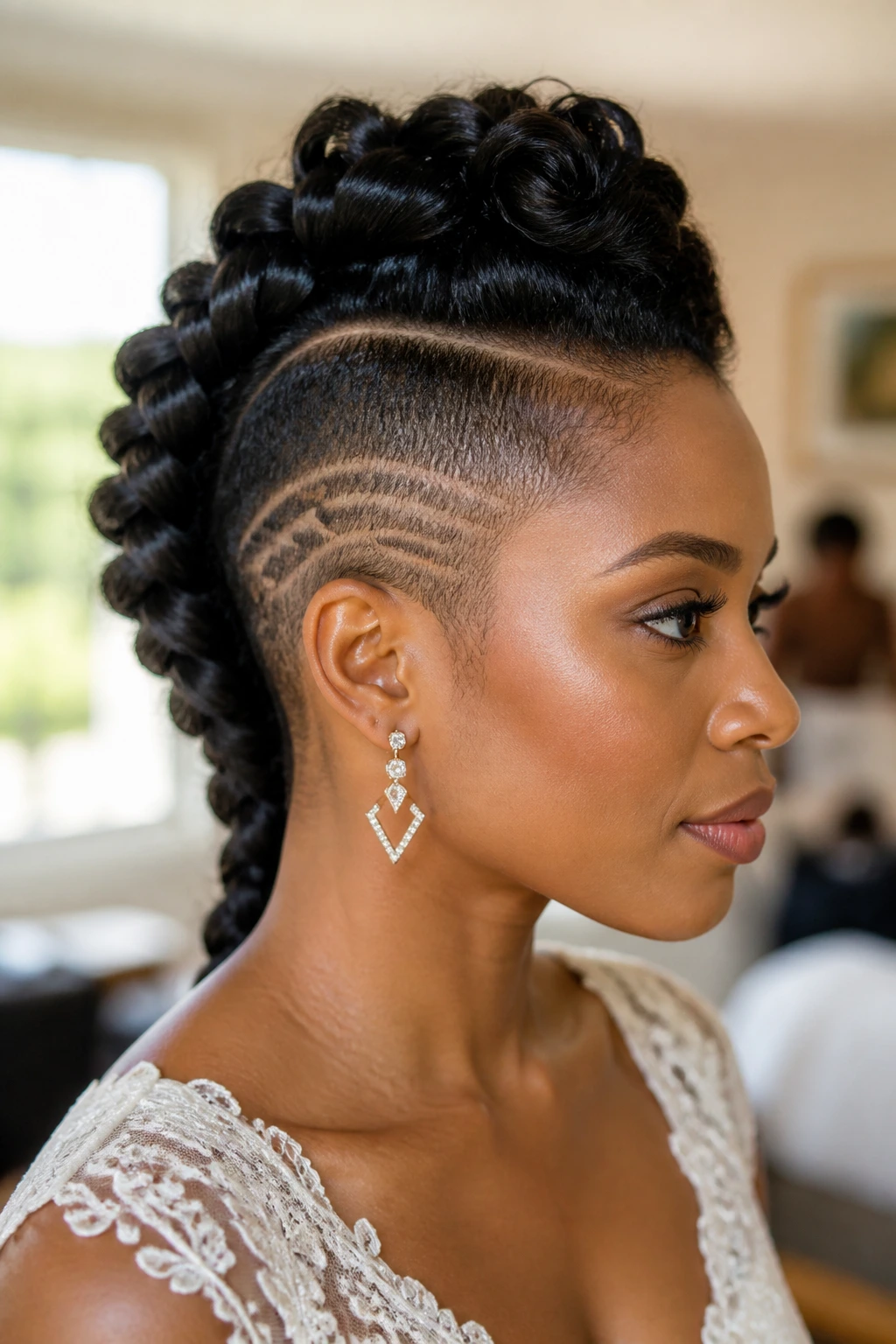 Close-up of a real bride with a French braided mohawk and undercut accents