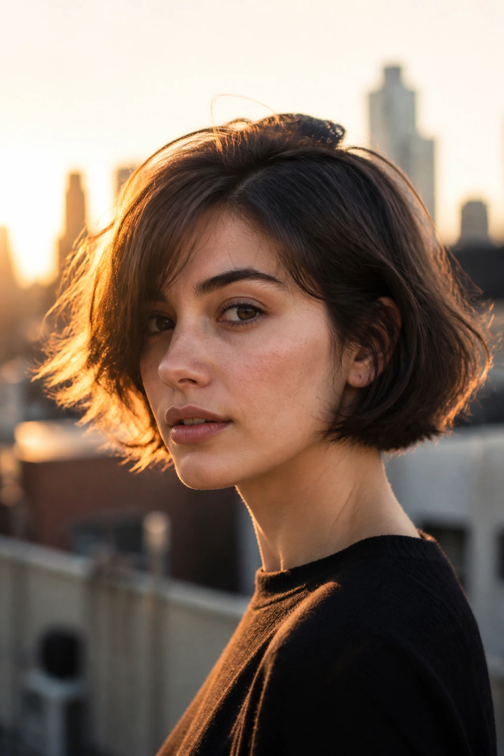 Close-up of a real woman with a soft-edged French New Wave bob on a rooftop at golden hour