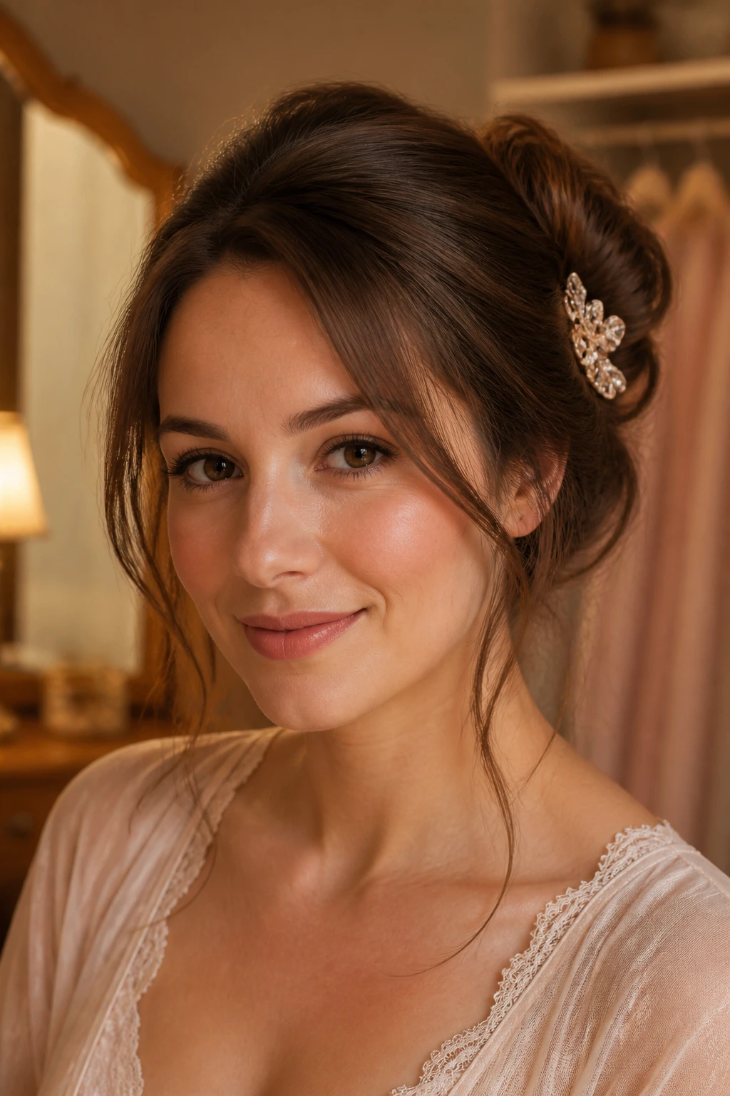 Close-up of a real woman with a loose French roll and decorative clip