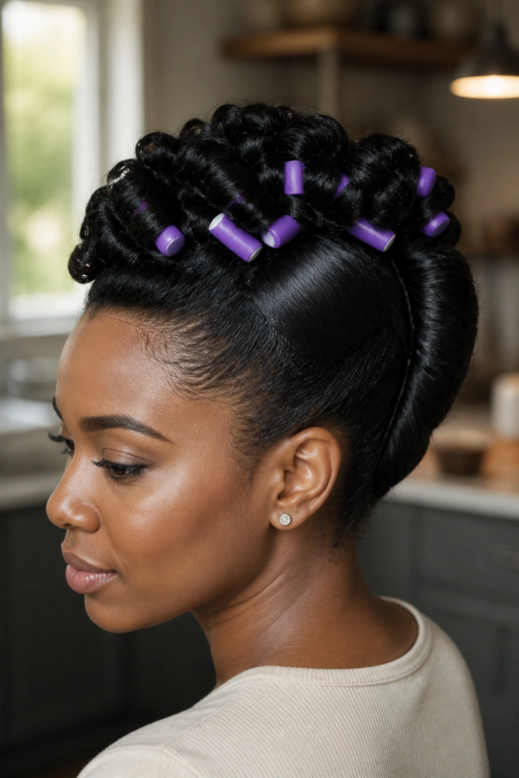 Real woman with a French roll and defined curls on top