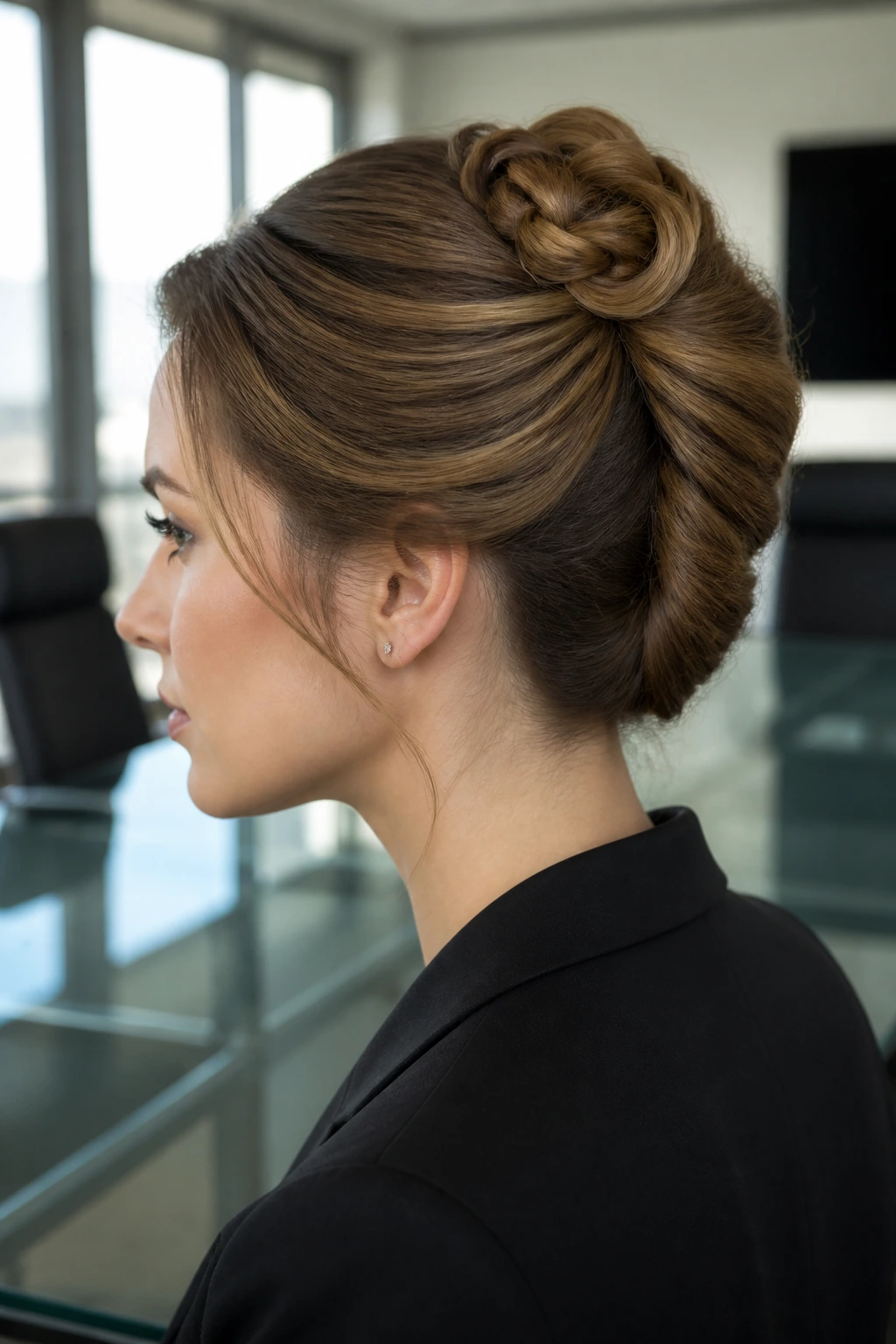 Close-up of a real woman with a French roll and Celtic knot accent in an office
