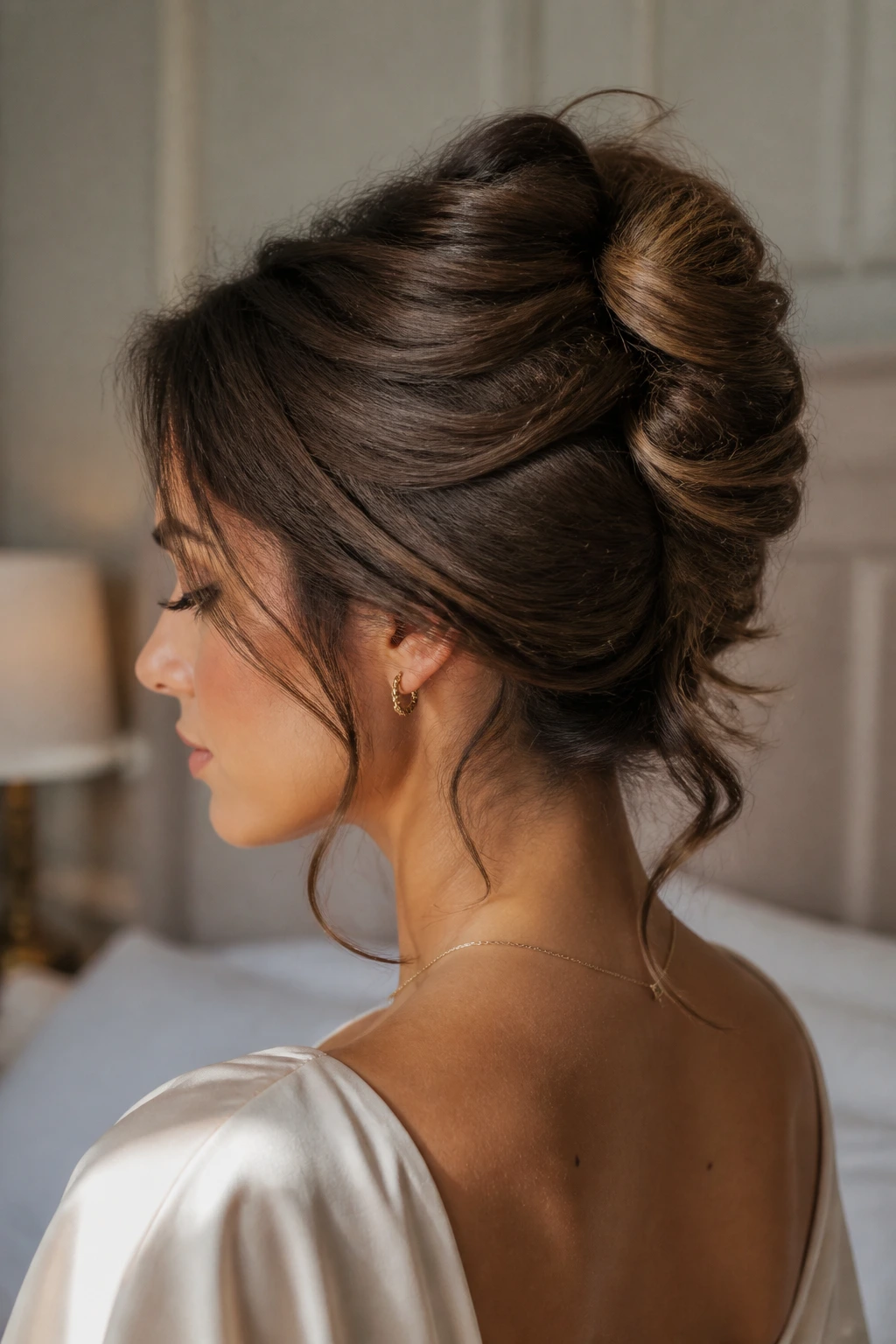 Close-up of a woman with a French roll showing textured ends spilling softly