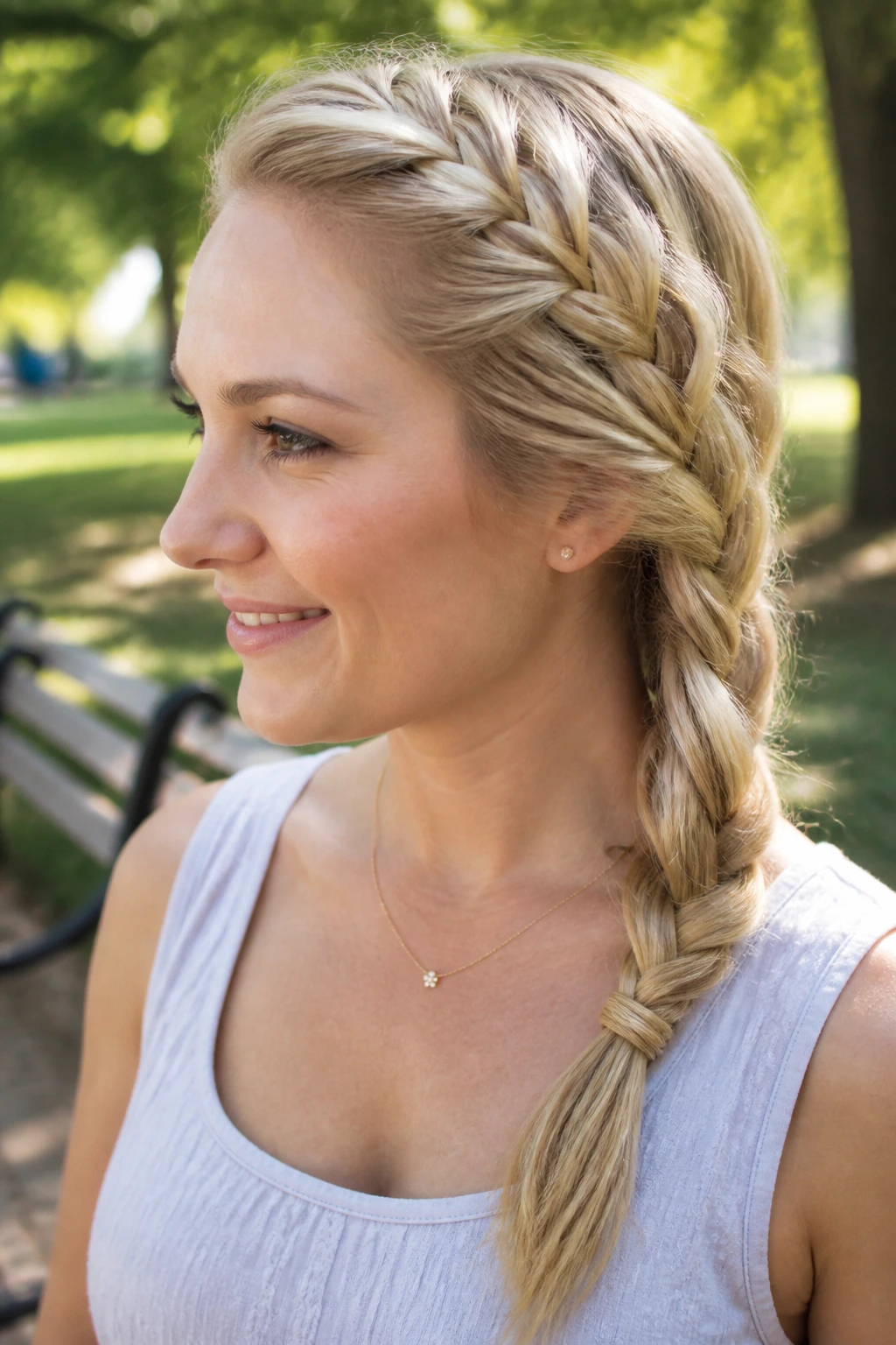 Real woman with a side French braid