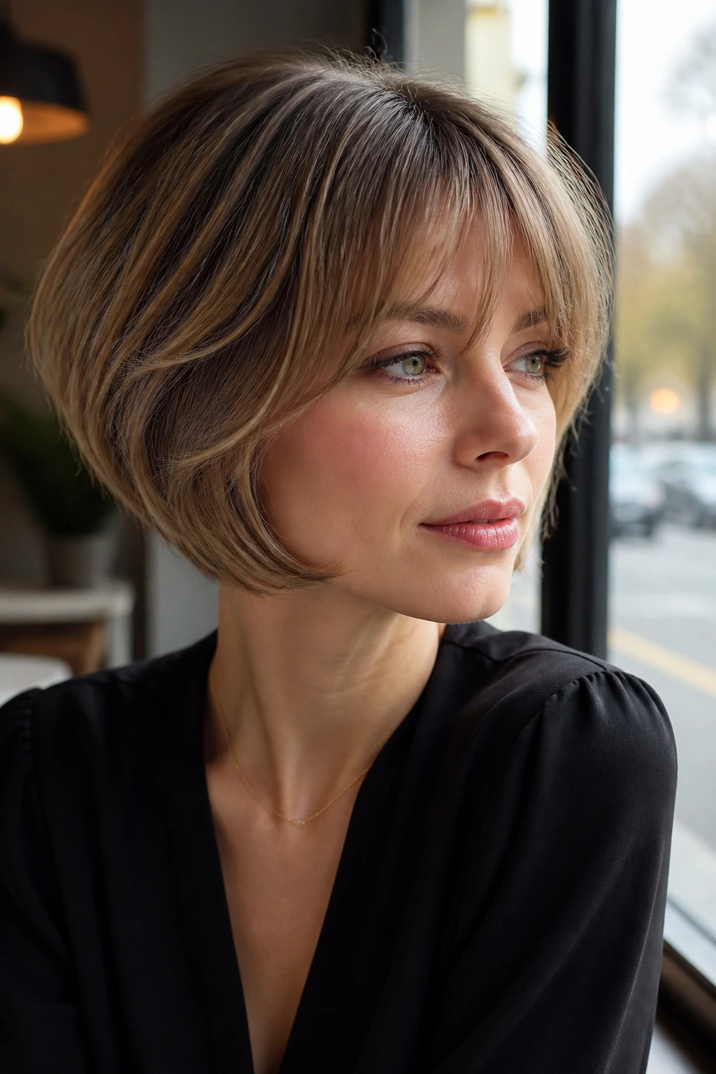 Portrait of a woman with a French-inspired stacked back and wispy bangs in a cafe setting