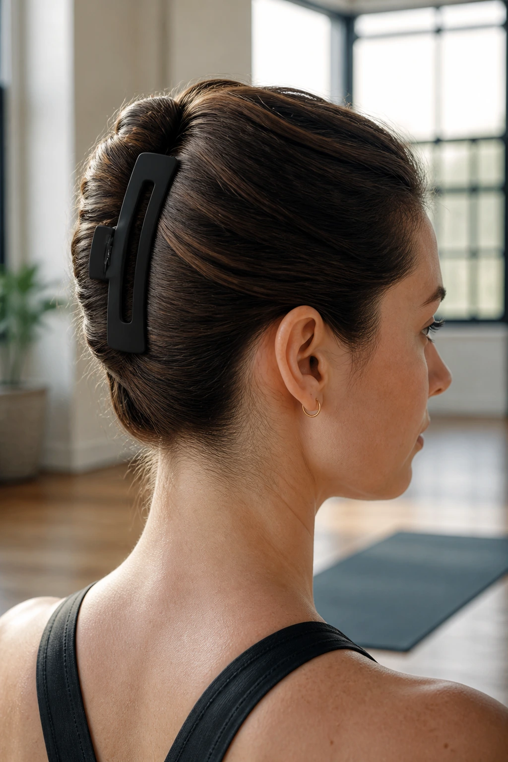 Profile view of a person with a French twist secured by a long athletic clip.