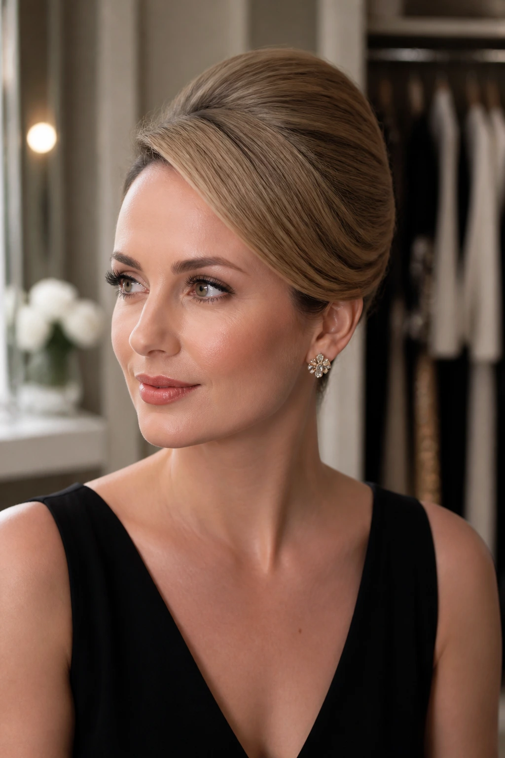 Eye-level portrait of a woman with French twist beehive hybrid