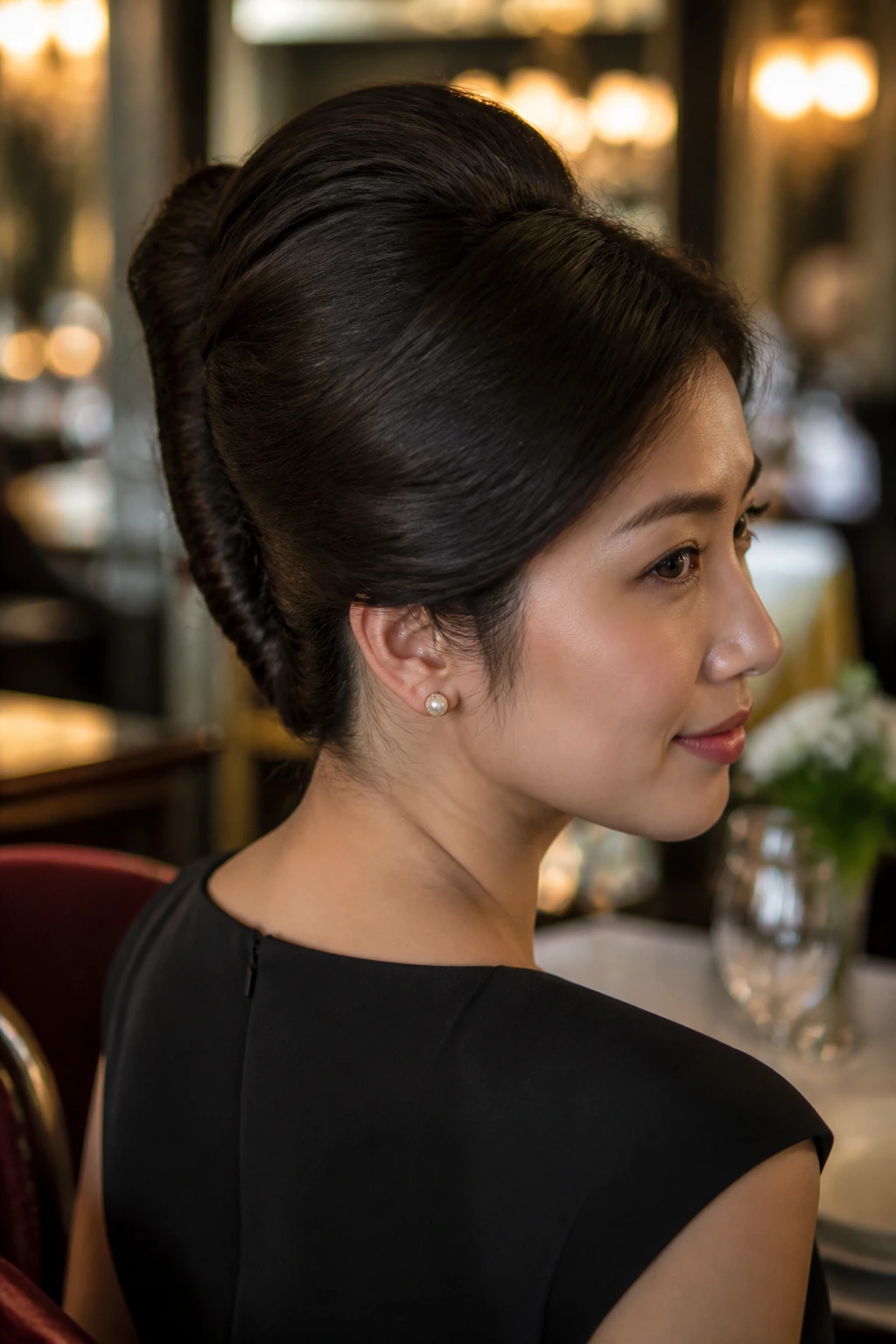 Real woman wearing a 1950s French twist with bouffant