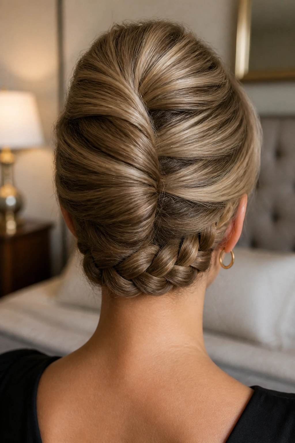 Back view of French twist with wrapped braid at base
