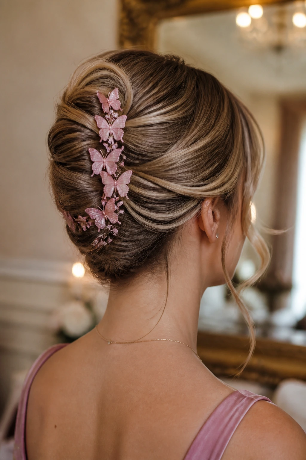 Close-up of woman with French twist and pink butterfly cluster