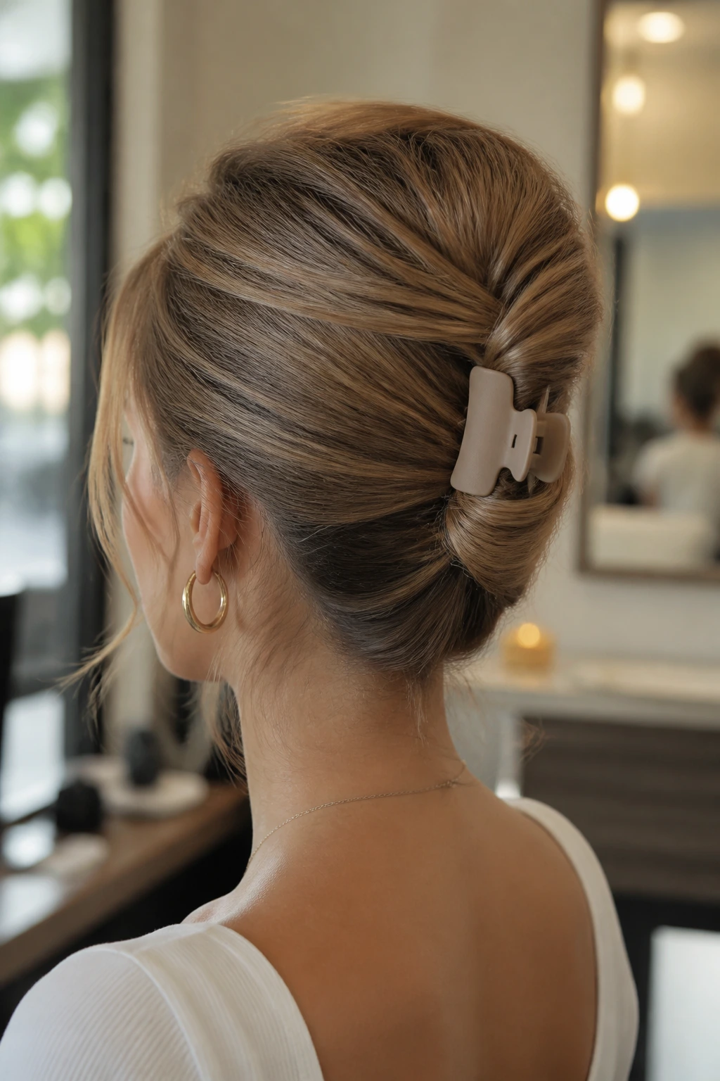 Close-up of a real woman wearing a lightweight claw clip securing a French twist.