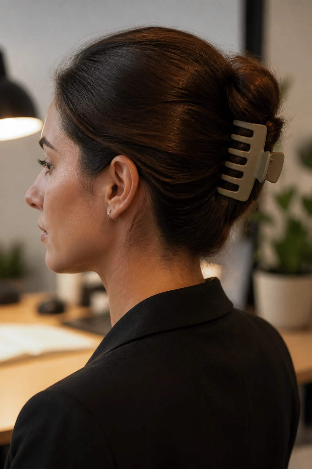 Side-profile of a woman with a French twist secured by a matte claw clip in an office