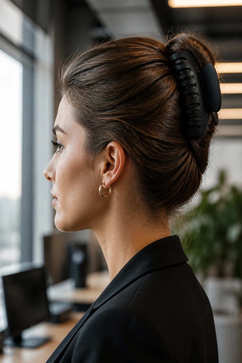 Woman with high French twist secured by claw clip