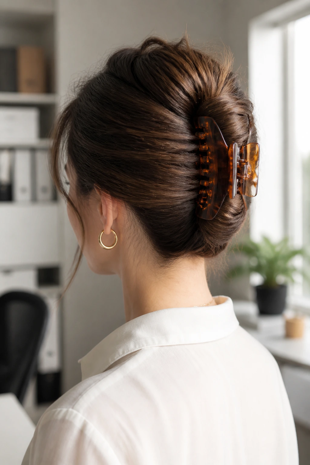 Close-up profile of a real person with a French twist and claw clip