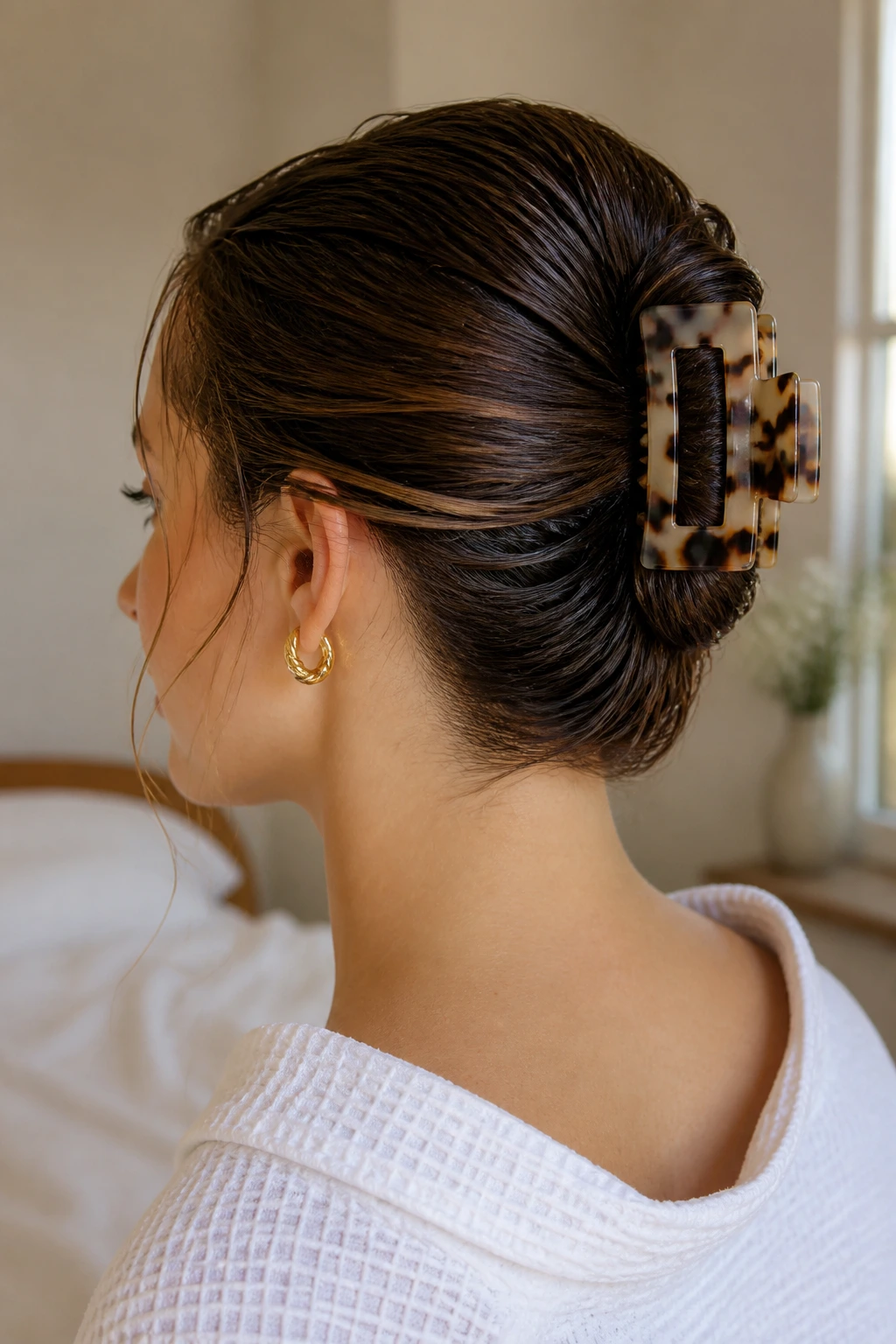 Close-up of a real woman wearing a French twist secured with a claw clip.