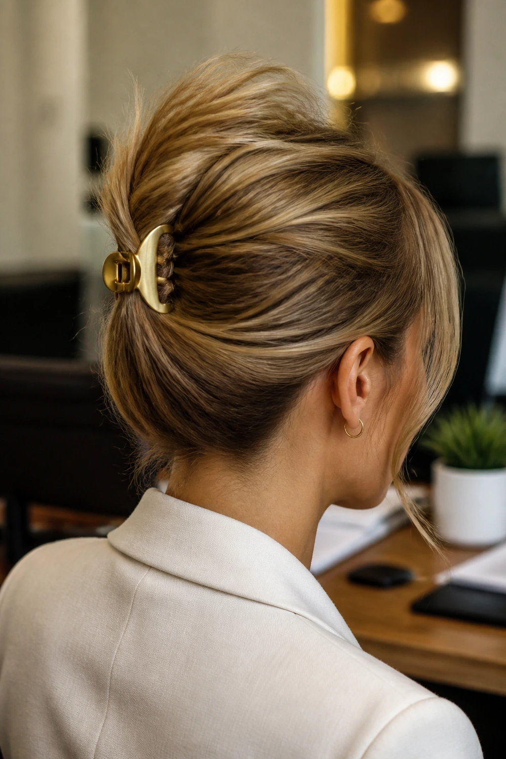 Close-up of a real woman with a French twist and gold claw clip in an office.