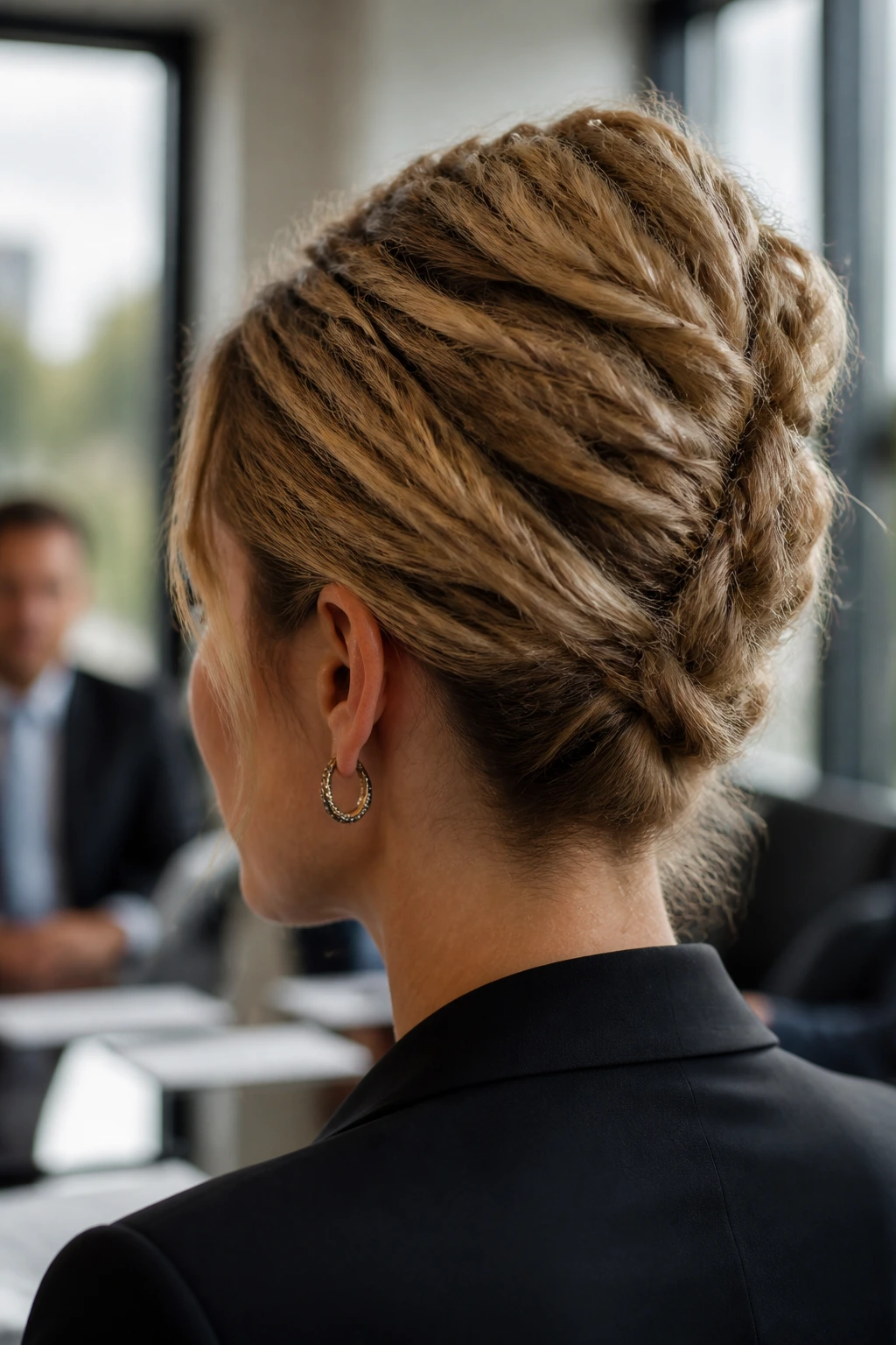 Real woman with textured French twist and crimped layers in an office setting