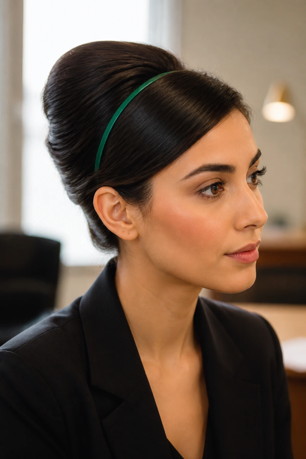 Portrait of a real woman with a classic French twist and emerald headband in an office